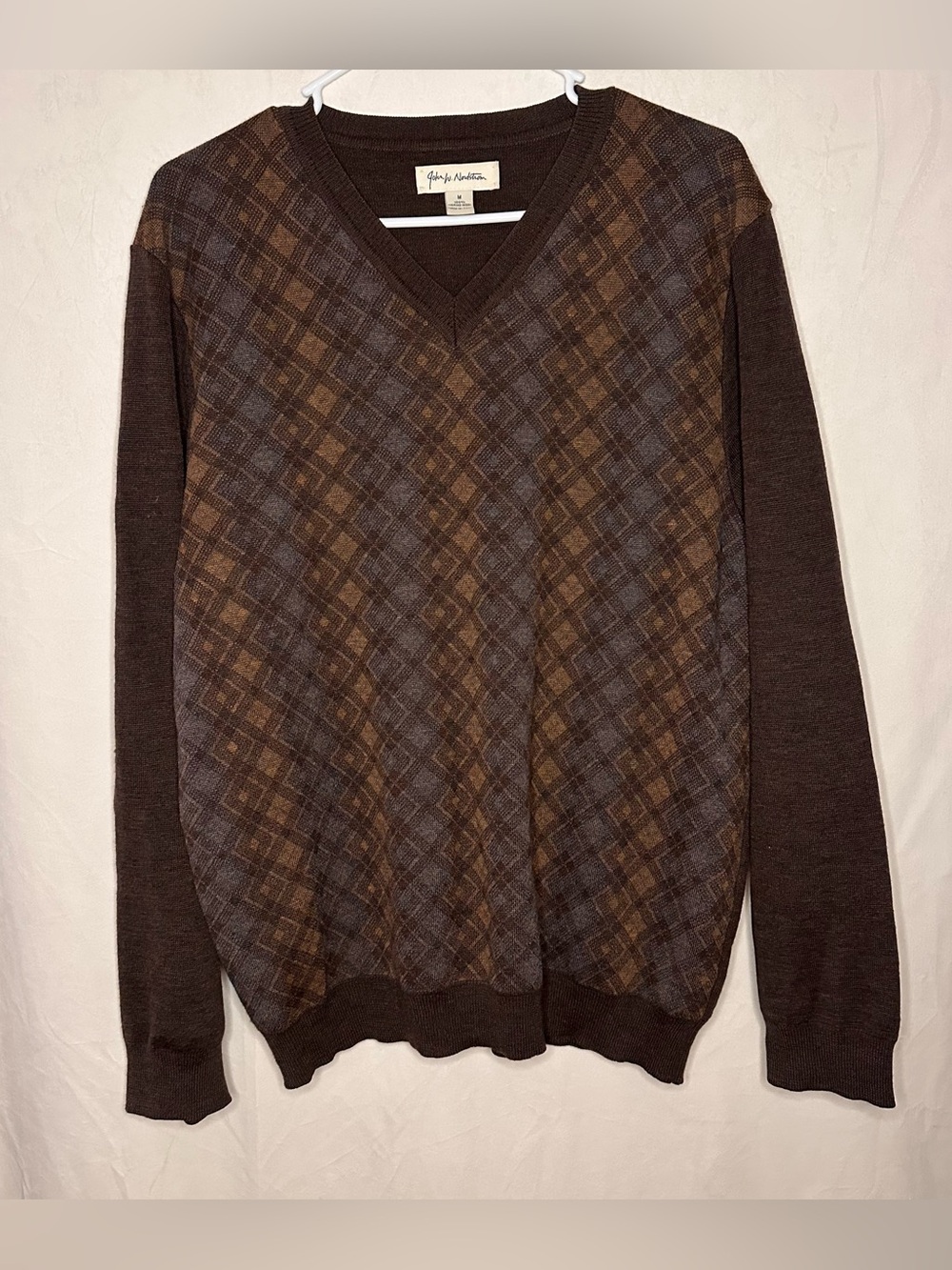 John W. Nordstrom Brown Argyle 100% Merino Wool Made In Italy V Neck  Sweater M